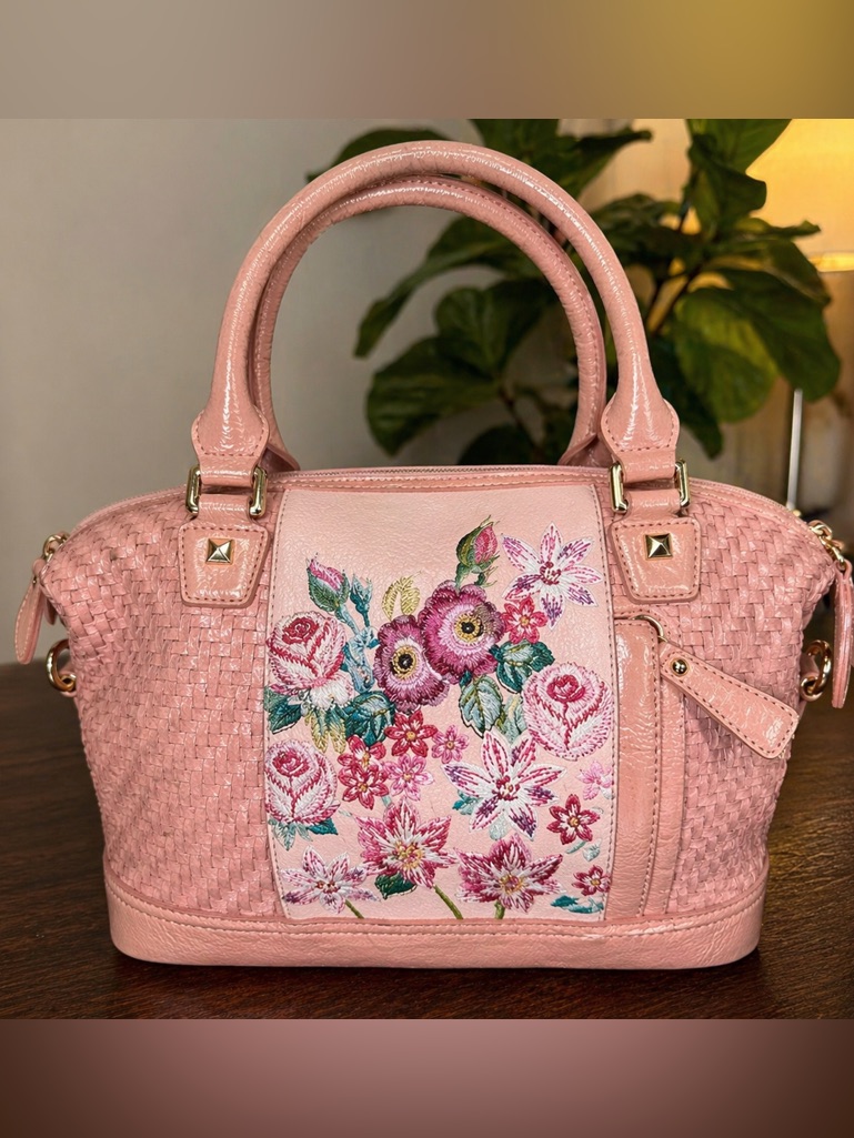 Sharif 1827 Rare Specialty Collection Pink Floral Embroidered Woven Satchel Bag